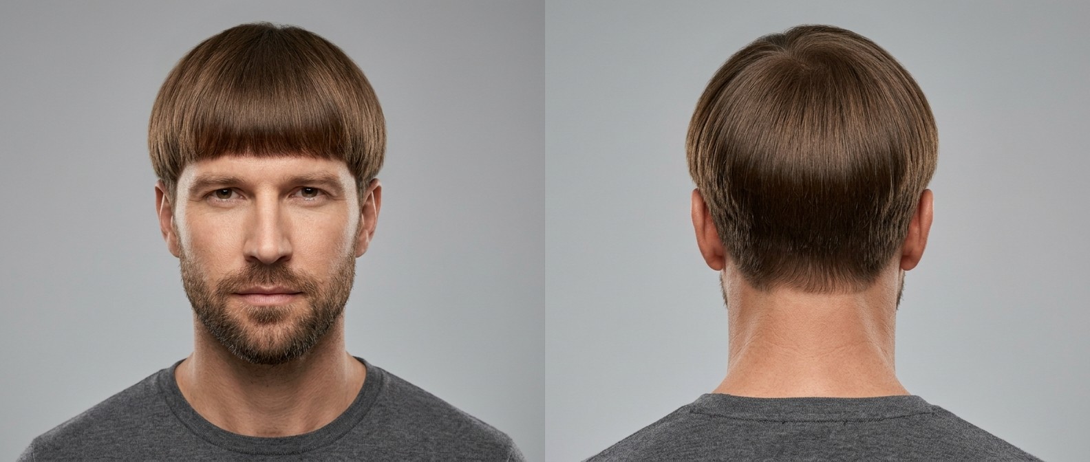 Widok z przodu i z tyłu na dojrzałego mężczyznę z klasycznym brązowym bowl cut, prostą grzywką i cieniowanym undercutem.