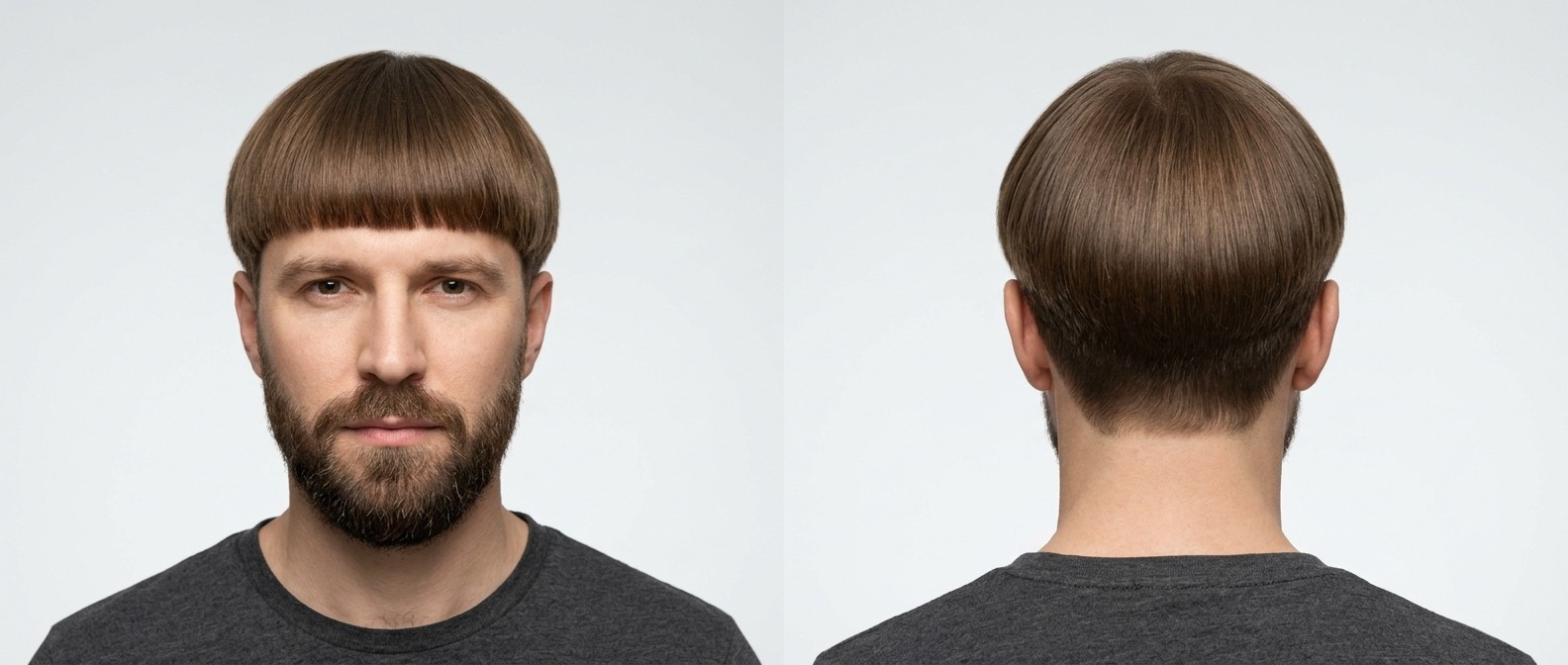 Mężczyzna z precyzyjnym bowl cutem, prostymi brązowymi włosami, tępą grzywką i pełną brodą, widok z przodu i z tyłu.