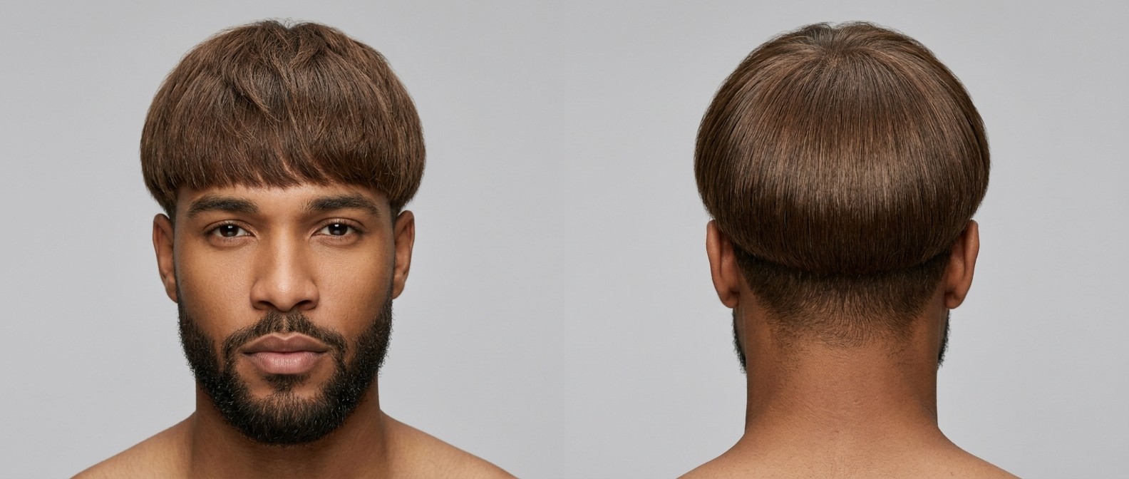 Widok z przodu i z tyłu na mężczyznę z brodą w nowoczesnej fryzurze bowl cut z prostą grzywką i undercutem na gęstych, prostych brązowych włosach.