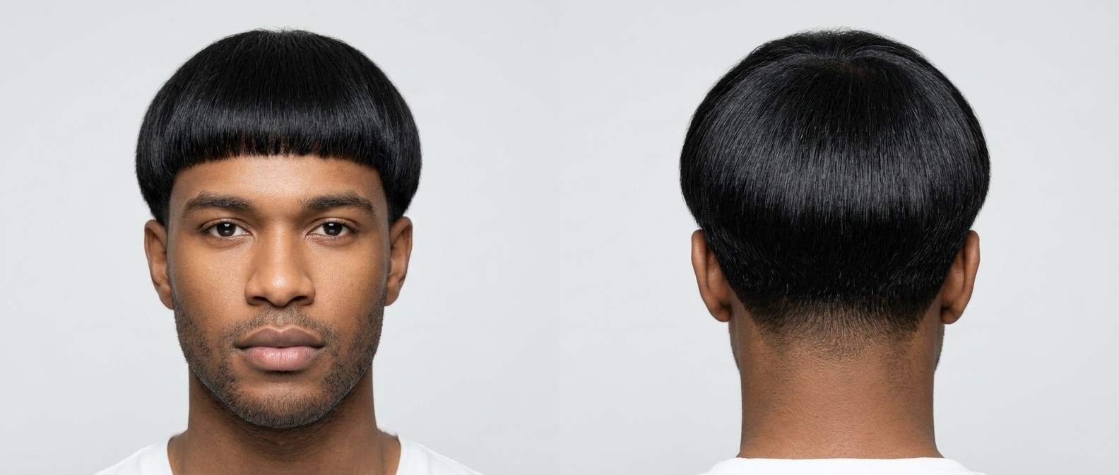 Vorder- und Rückansicht eines jungen Mannes mit mitteldunkler Haut, der einen präzisen, geometrischen Bowl Cut mit dickem, glattem schwarzem Haar trägt.