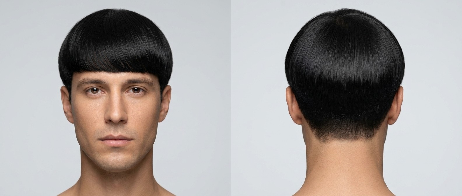 Vue de face et de dos d'un homme avec un bowl cut moderne, frange droite au milieu du front et dégradé taper sur cheveux noirs.