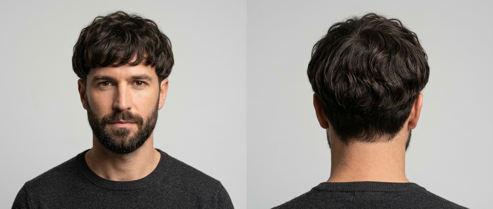 Vue de face et de dos d'un homme de 35-45 ans avec une coupe au bol texturée, cheveux bruns ondulés, nuque effilée et barbe pleine soignée.