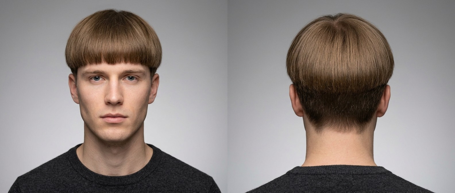 Vorder- und Rückansicht eines jungen Mannes mit hellbraunem Haar, der einen präzisen geometrischen Bowl Cut mit schwerem Pony und Soft Undercut trägt.
