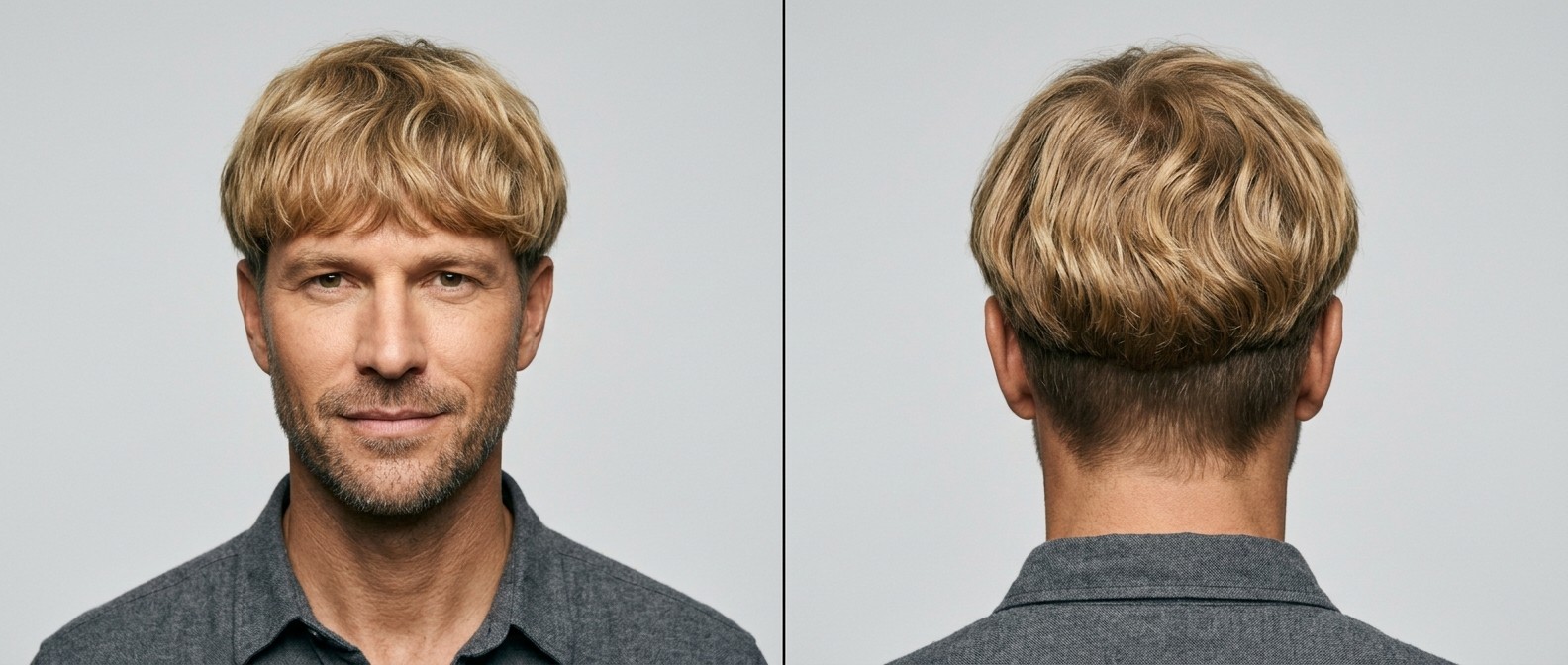 Mature man with a modern, wavy blonde bowl cut featuring a textured fringe and disconnected short sides, viewed from the front and back.