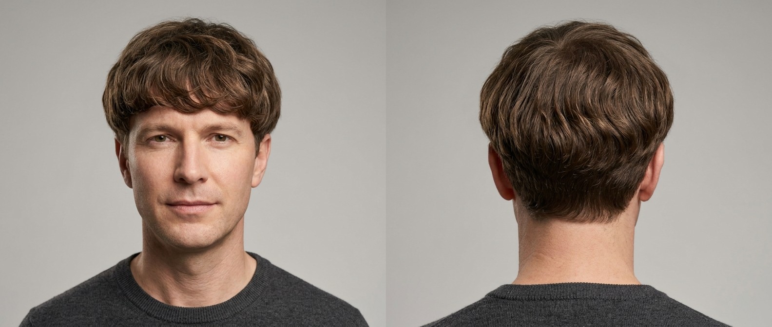 Front and back view of a mature man with wavy brown hair modeling a modern, textured bowl cut with a piecey fringe and blended scissor-cut sides.