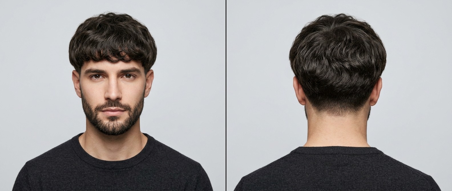 Front and back view of a young man with a modern wavy bowl cut, featuring a textured fringe, dark brown thick hair, low taper fade, and a neat beard.