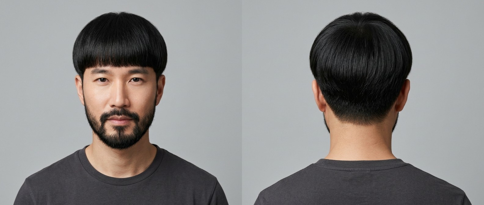 Azjatycki mężczyzna z nowoczesną fryzurą bowl cut, prostymi czarnymi włosami, gęstą grzywką, wycieniowanym karkiem i zadbaną brodą na jasnoszarym tle.