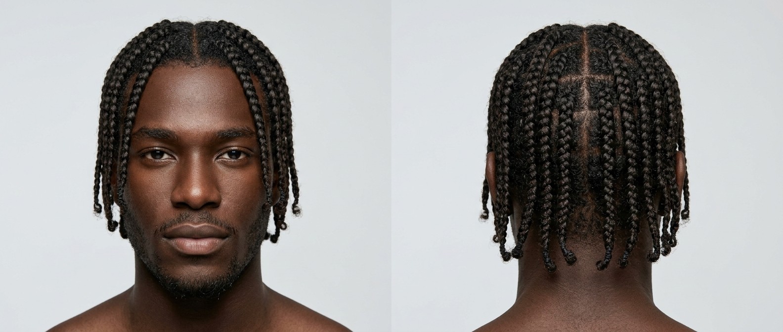Widok z przodu i z tyłu na młodego czarnoskórego mężczyznę z ciemnobrązowymi włosami w średniej długości box braids z precyzyjnym przedziałkiem.
