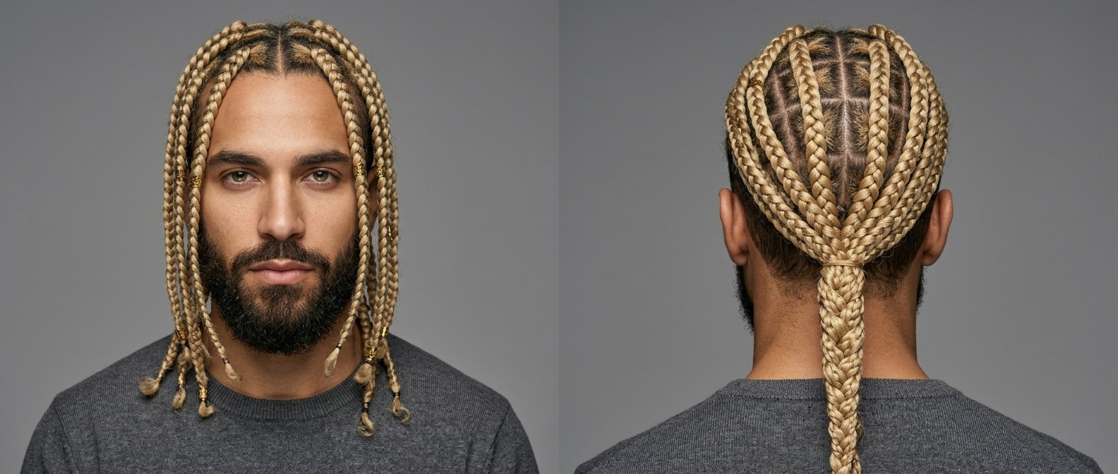 Homem com barba escura usando box braids loiras longas com divisões geométricas, anéis dourados e trança centralizada atrás.