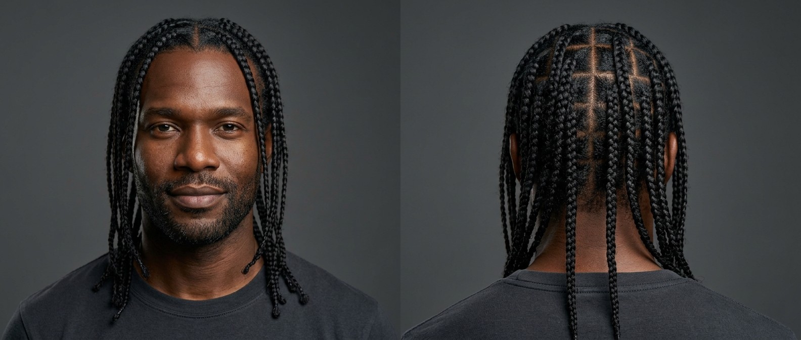 Czarnoskóry mężczyzna w wieku 35-45 lat z kwadratową twarzą i zarostem, prezentujący schludne, długie warkocze box braids z precyzyjnym przedziałkiem na środku.