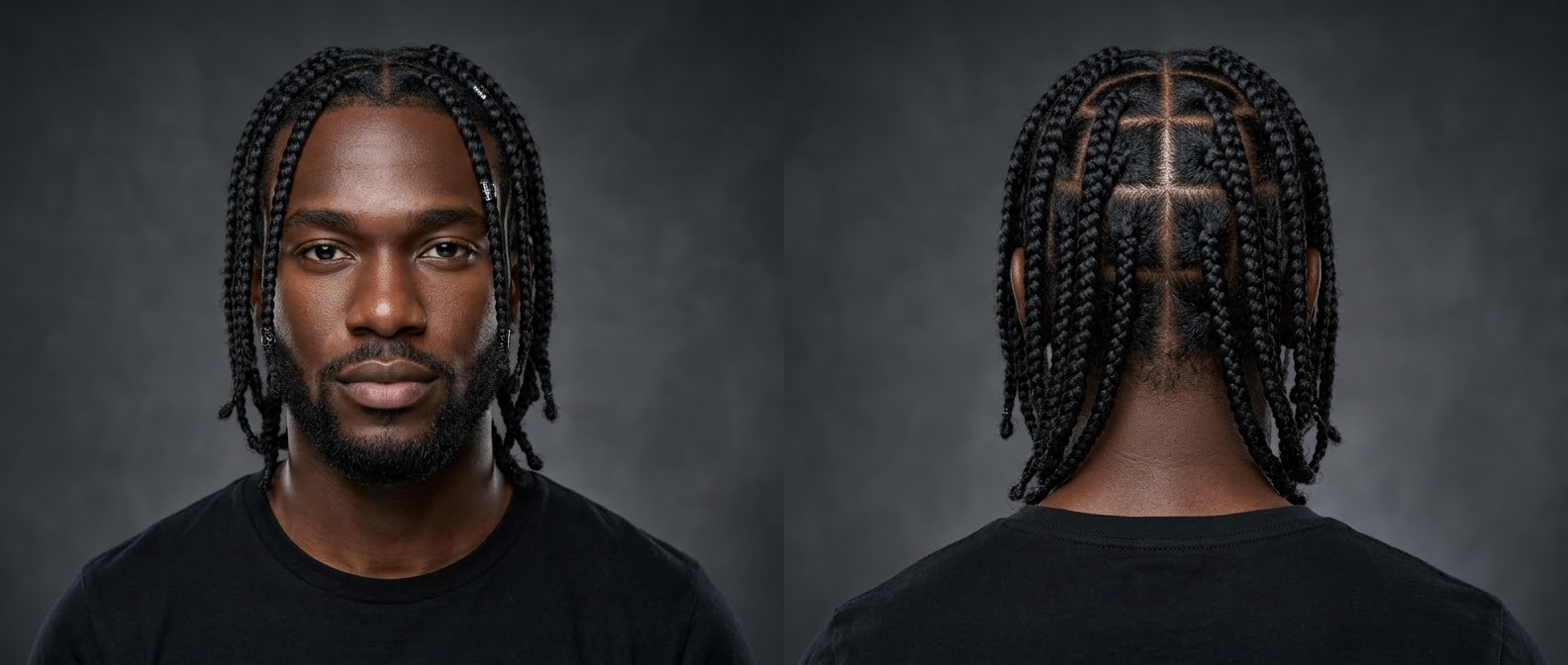 Schwarzer Mann mit kurzem Bart und mittellangen Box Braids mit Mittelscheitel und silbernen Hair Cuffs.