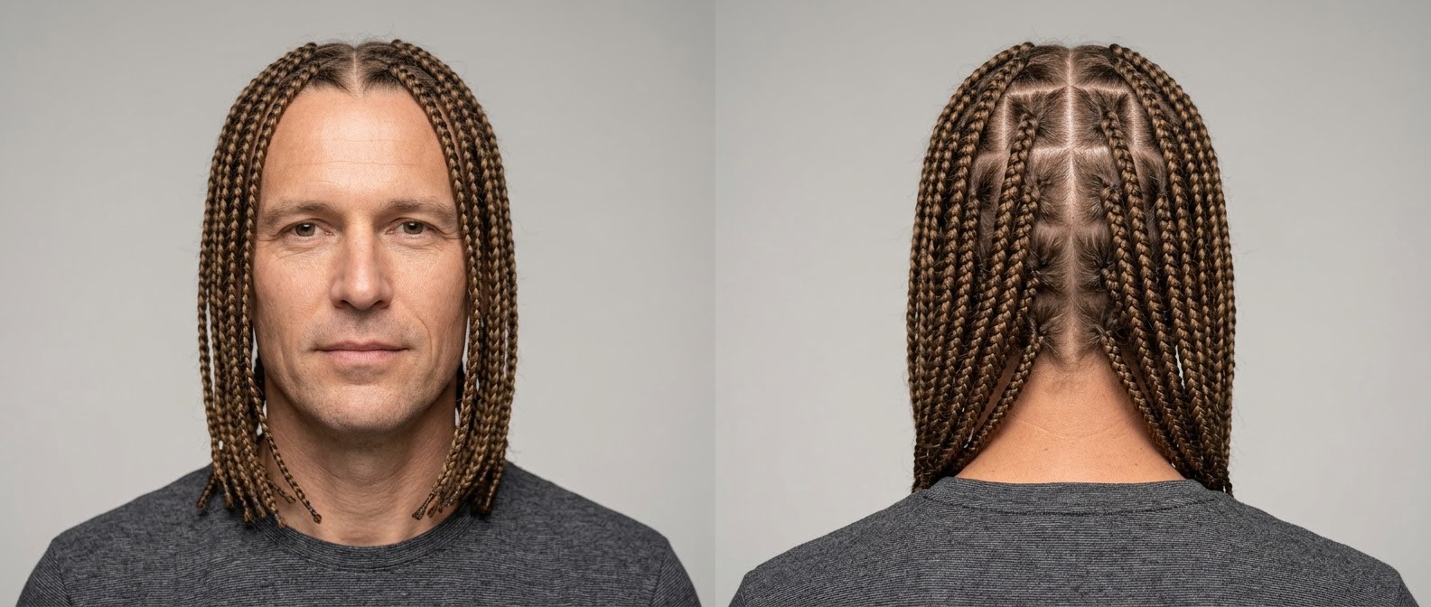 Middle-aged Caucasian man with long light brown box braids, featuring a symmetrical middle part and highly precise square scalp partings.