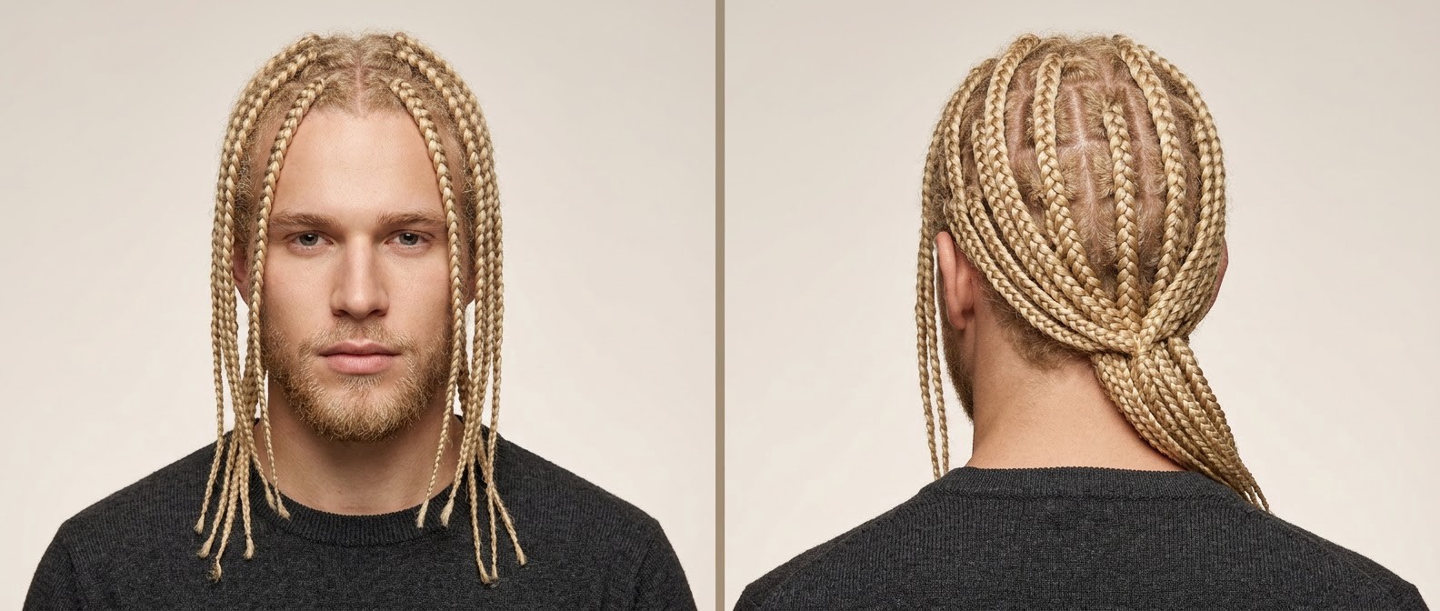 Junger blonder Mann mit kurzem Bart und langen Box Braids mit Mittelscheitel, gestylt als tiefer Zopf.