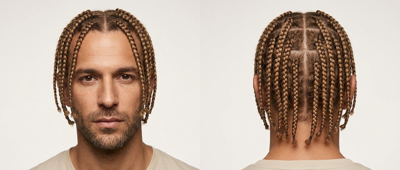 Mężczyzna w wieku 35-45 lat z oliwkową cerą i zarostem, noszący jasnobrązowe box braids z przedziałkiem na środku i wyraźnym wzorem kwadratów.