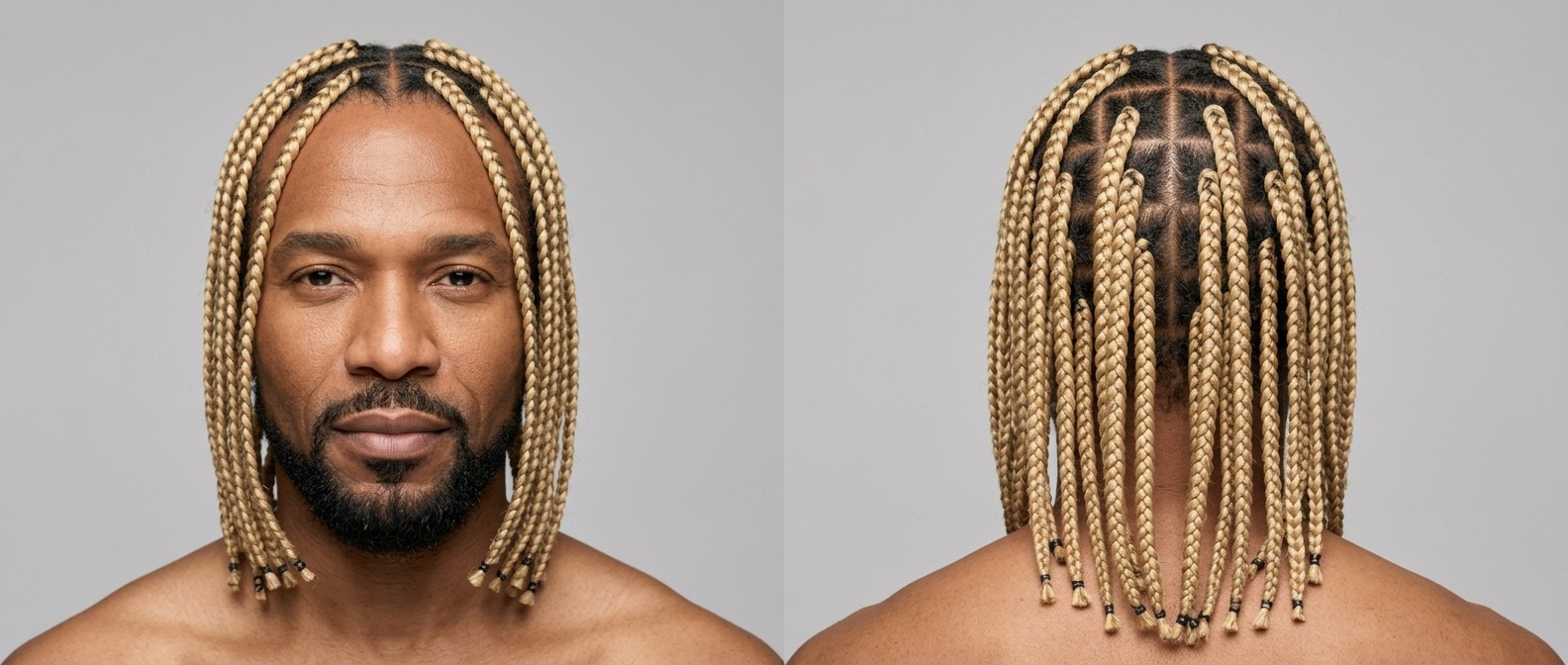 Dojrzały czarnoskóry mężczyzna z krótką ciemną brodą w długich blond warkoczykach box braids z ciemnymi odrostami i przedziałkiem na środku.