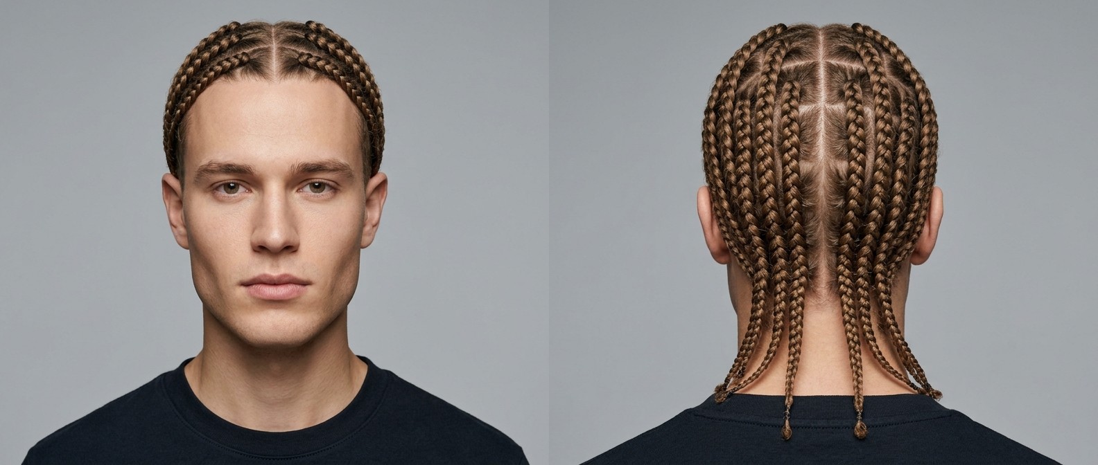 Widok z przodu i z tyłu na młodego mężczyznę z jasnobrązowymi włosami w idealnie zaplecionych warkoczach typu box braids.