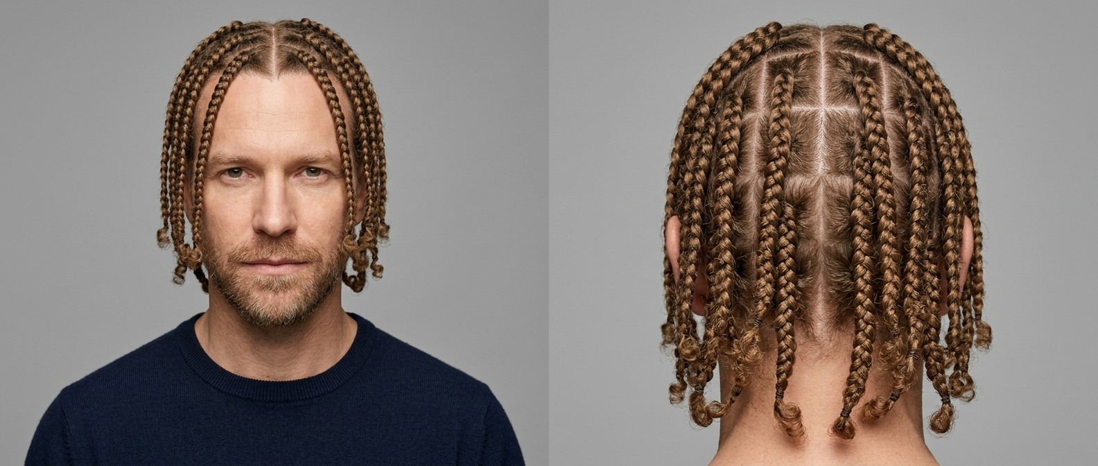 Homme caucasien d'une quarantaine d'années avec barbe, portant des box braids brun clair arrivant à la mâchoire avec des séparations carrées précises.