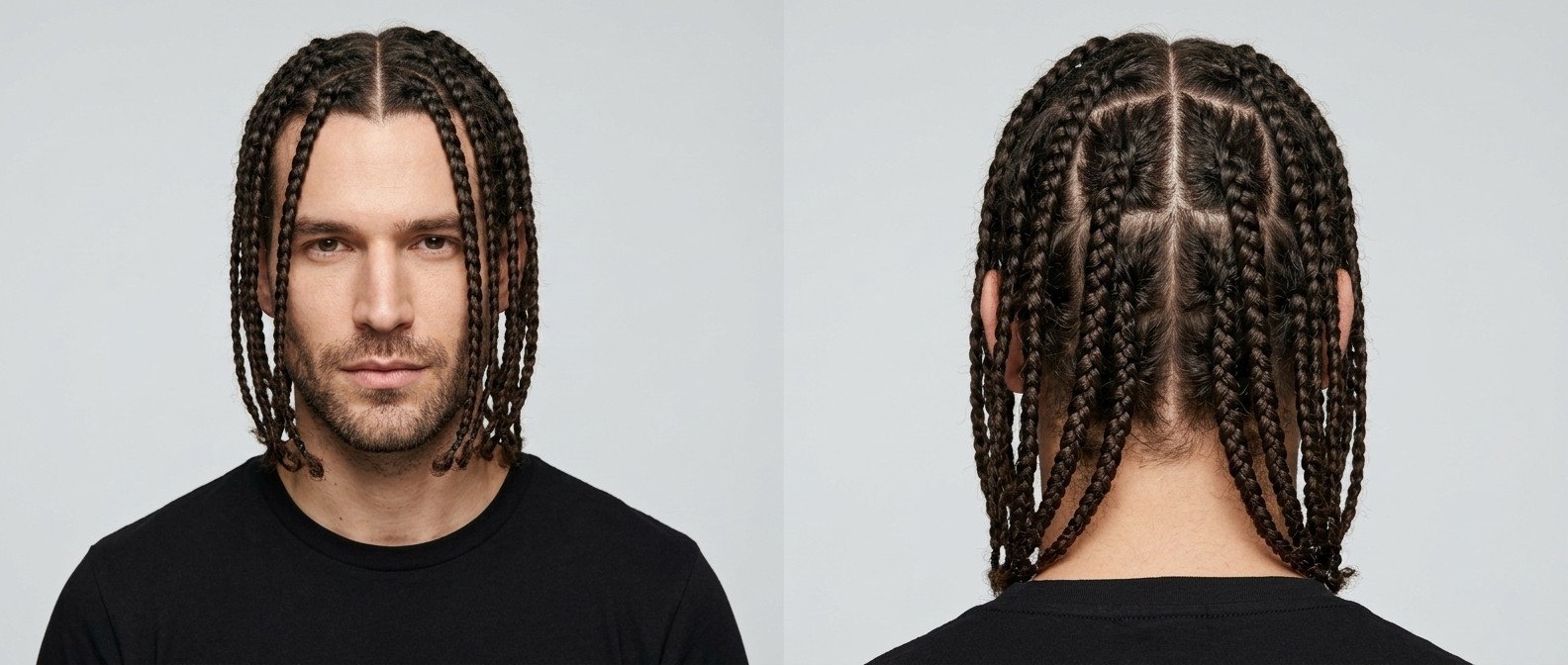 Vorder- und Rückansicht eines Mannes mit dickem, dunkelbraunem Haar in langen Box Braids mit Mittelscheitel und quadratischem Sektionsmuster.