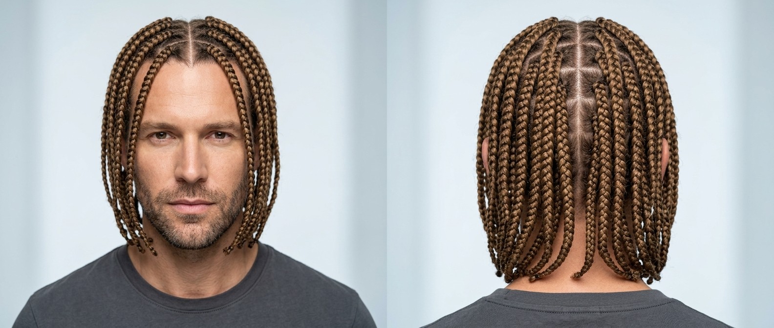 Homme d'âge mûr avec des box braids uniformes, raie centrale précise et quadrillage géométrique, vues de face et de dos.