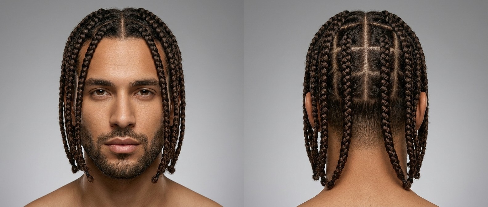 Vue de face et de dos d'un homme avec des box braids symétriques, raie centrale et nuque dégradée.