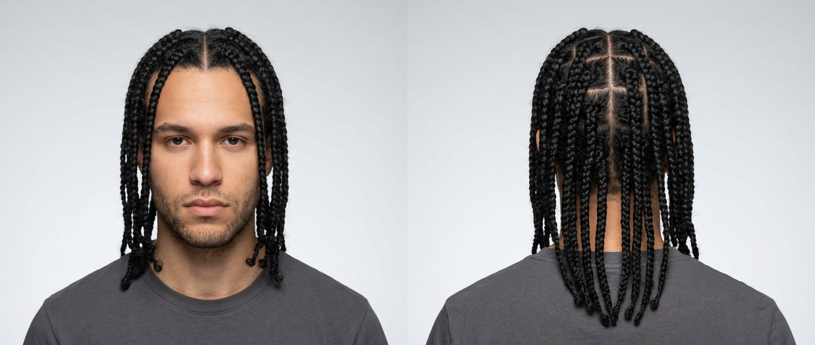 Jeune homme au teint médium et barbe de trois jours portant des box braids longs et épais avec une raie centrale nette et des sections carrées.