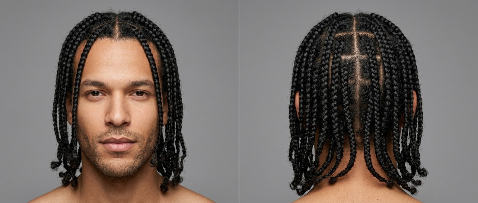 Front and back view of a man with medium skin and a stubble beard wearing long, center-parted box braids with precise square scalp sectioning.