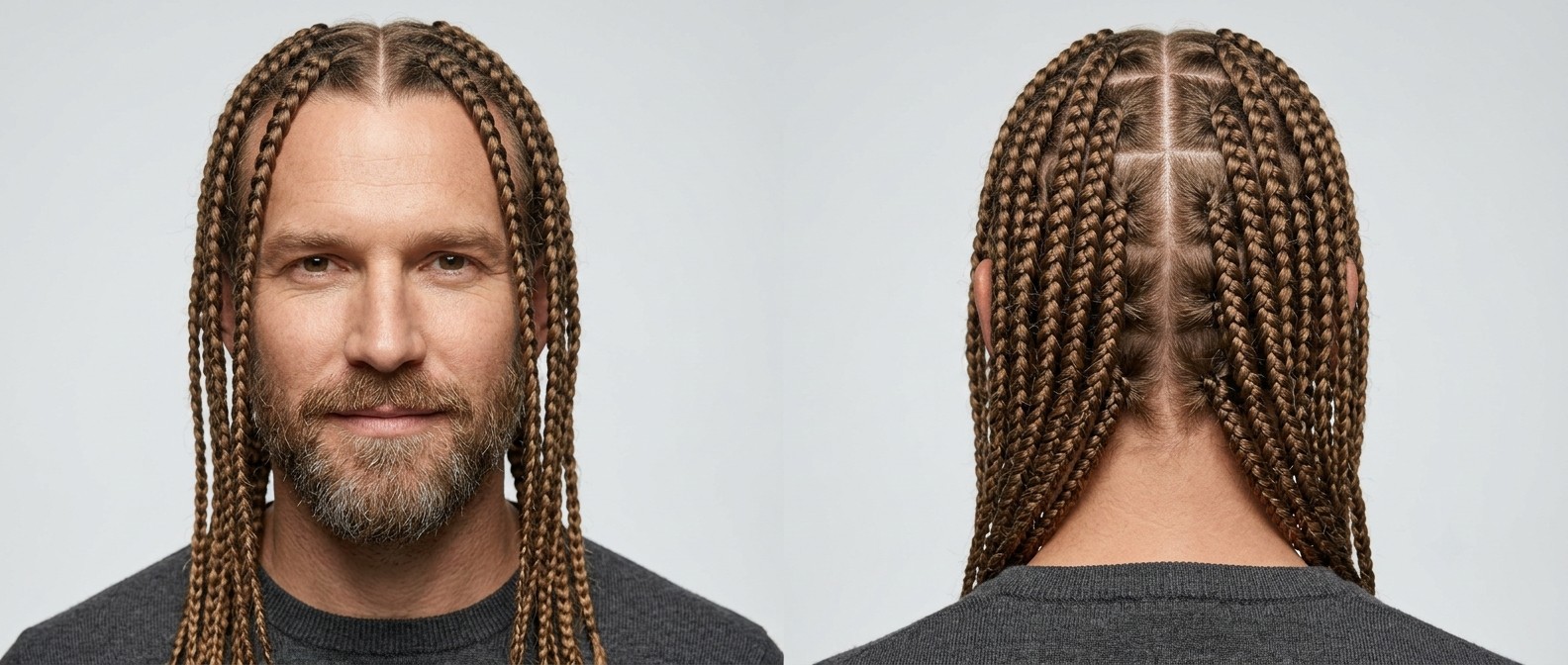 Vorder- und Rückansicht eines 45+ Mannes mit Bart, langen, perfekt gescheitelten Box Braids und geometrischem Kopfhaut-Gitter.