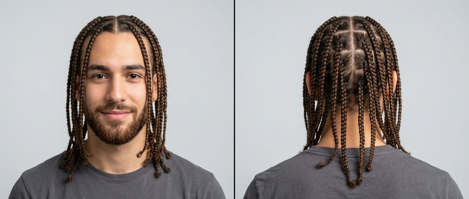 Front and back view of a young man with long, center-parted brown box braids featuring clean square scalp partings and a neat short beard.