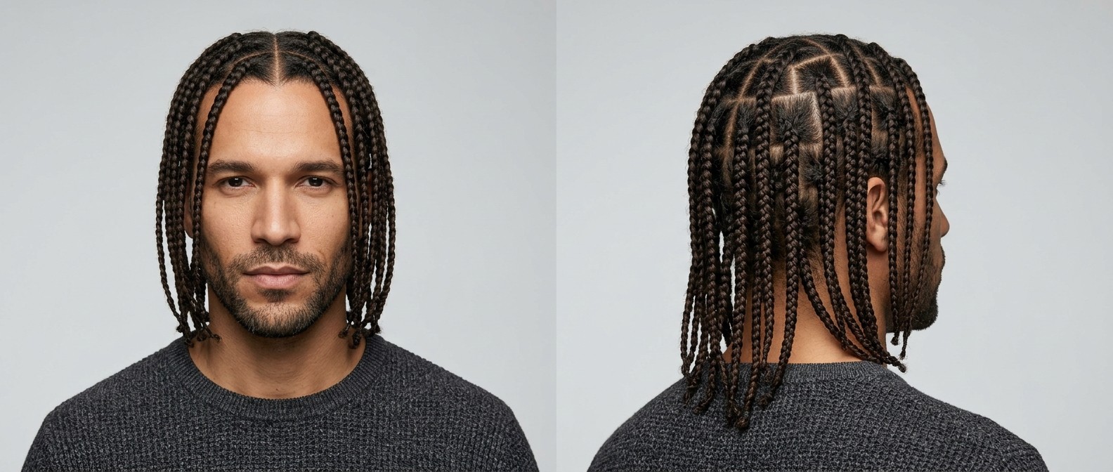 Front and back view of a man with a short beard wearing long, dark brown box braids featuring a precise middle part and square scalp sections.