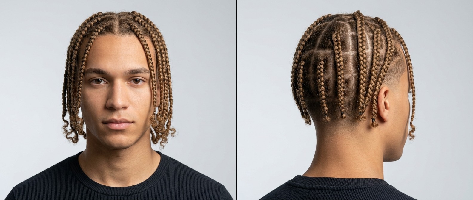 Junger Mann mit hellbraunen Box Braids, Mittelscheitel und Taper Fade im Nacken.