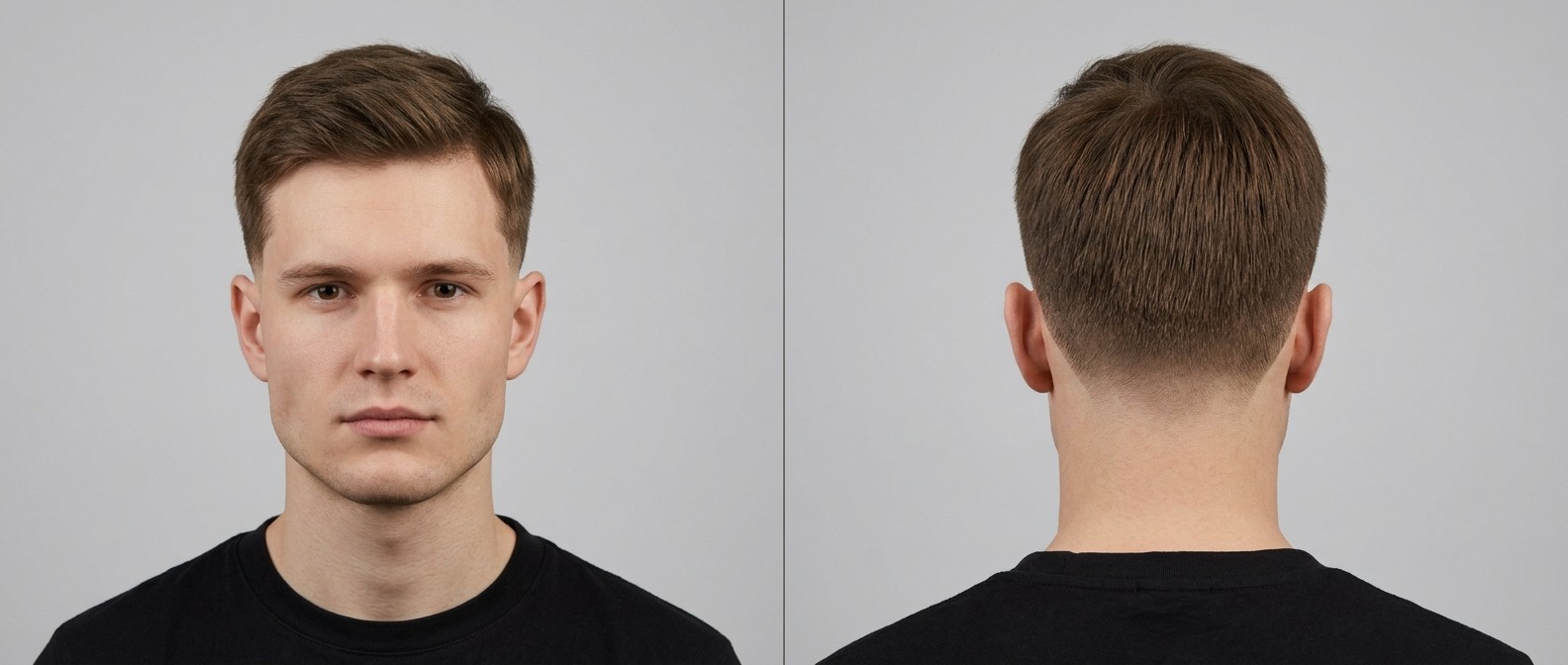 Homem caucasiano com low burst fade moderno e cabelo liso castanho de comprimento médio com risca lateral.