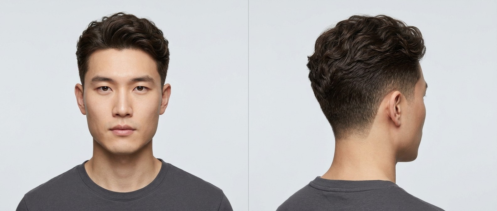 Azjata z fryzurą wavy burst fade, krótkimi bokami, czystymi konturami i średniej długości teksturowanymi brązowymi włosami zaczesanymi do tyłu.