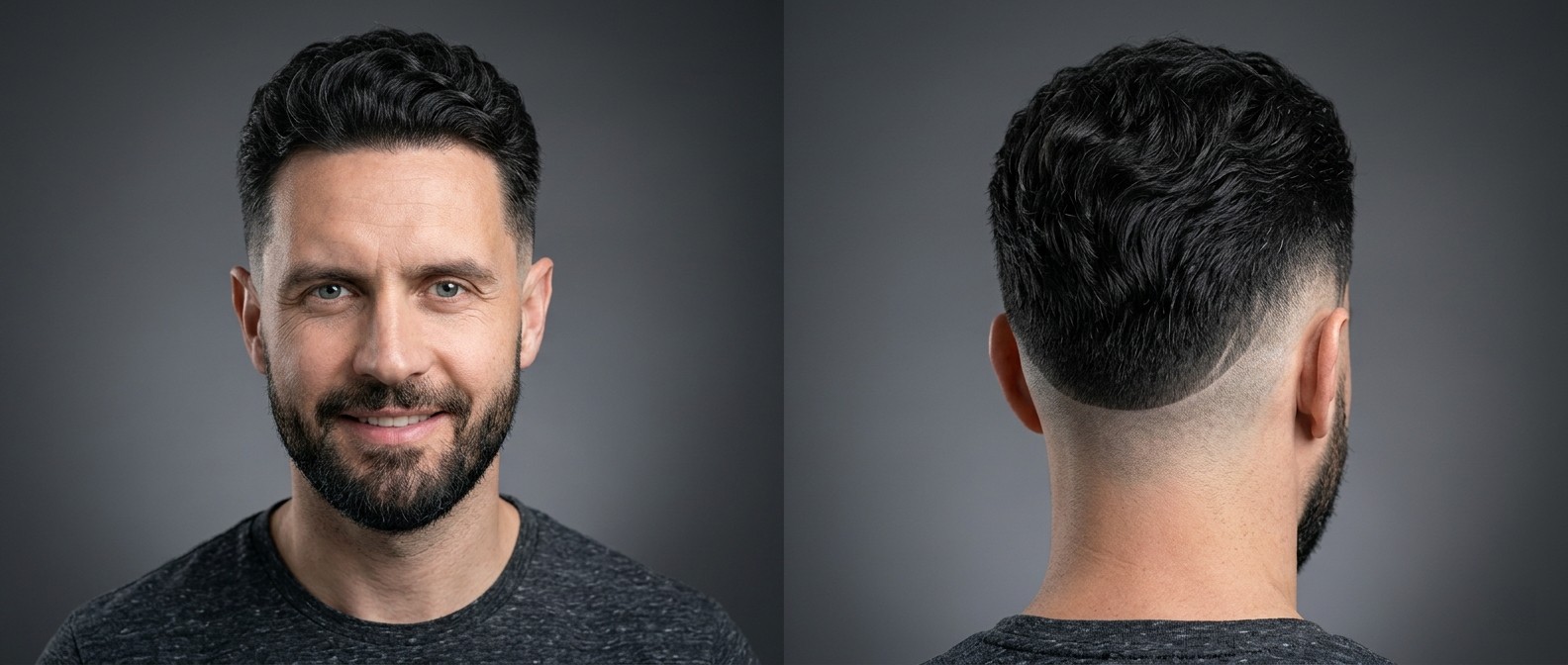 Widok z przodu i z tyłu na mężczyznę z czarnymi, falowanymi włosami w fryzurze burst fade z teksturowaną górą i krótką brodą.