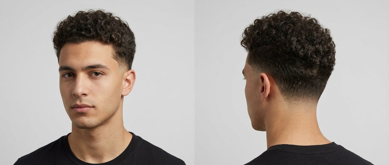Młody mężczyzna z oliwkową cerą i ciemnobrązowymi włosami z fryzurą burst fade oraz zdefiniowanymi lokami na górze.