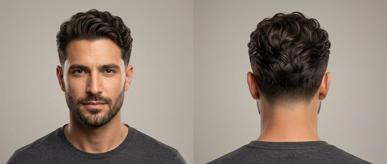 Vue de face et de profil d'un homme de 40 ans avec un burst fade ondulé, dessus texturé, cheveux brun foncé, teint olive et barbe courte.