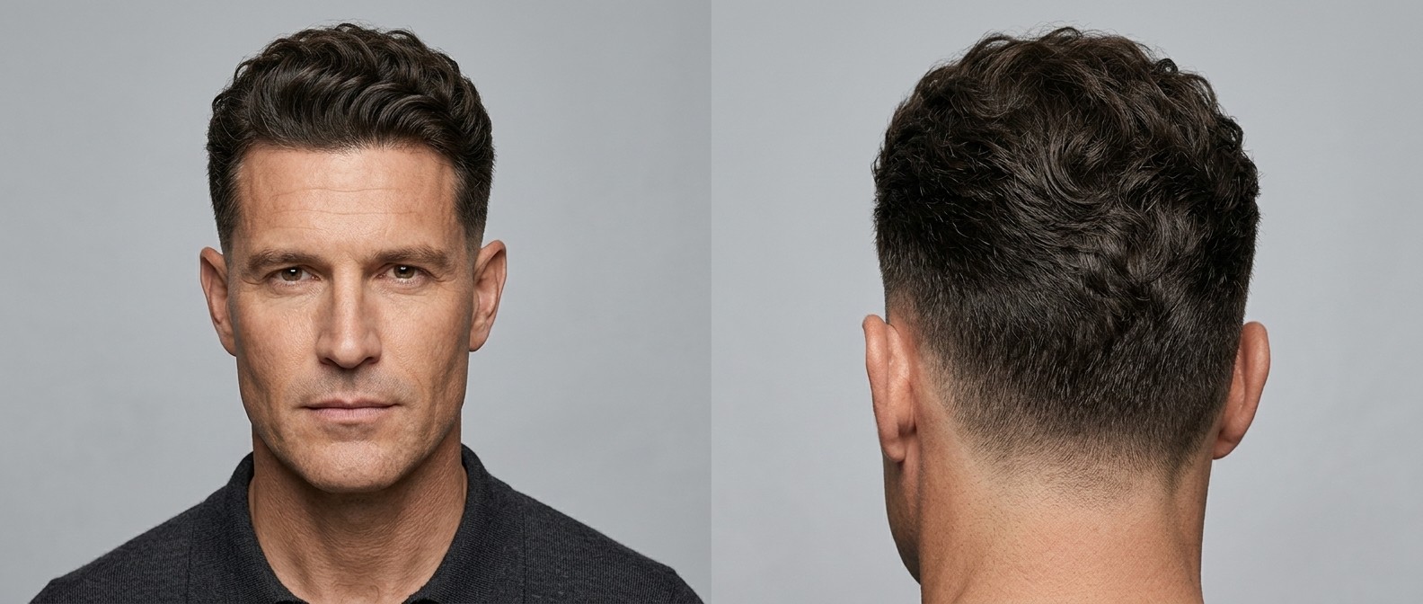 Vista frontal y trasera de un hombre maduro con cabello ondulado oscuro, corte burst fade moderno y nuca texturizada.