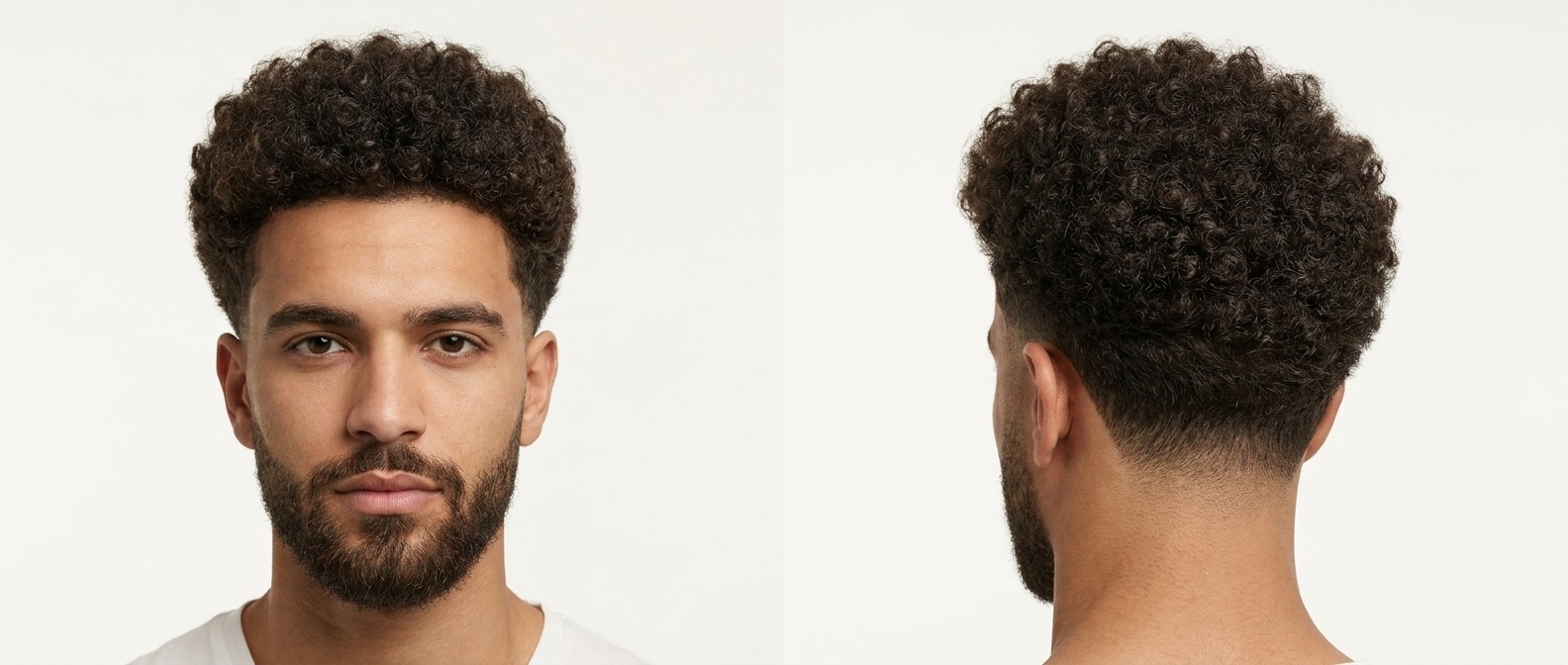 Joven con piel oliva luciendo un burst fade nítido con rizos densos tipo 4, línea frontal definida y barba cuidada.