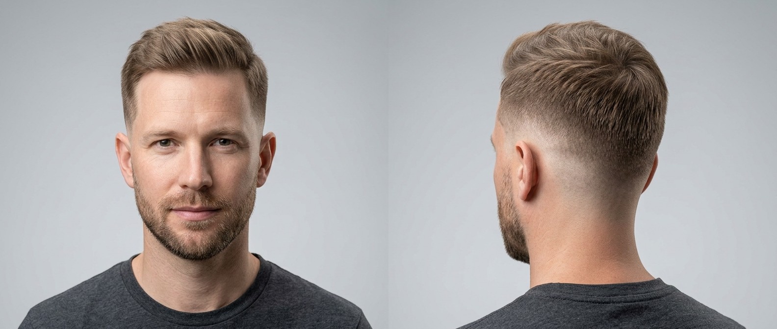 Perfil frontal y lateral de un hombre con barba corta y corte burst fade texturizado peinado hacia arriba en cabello castaño claro fino.