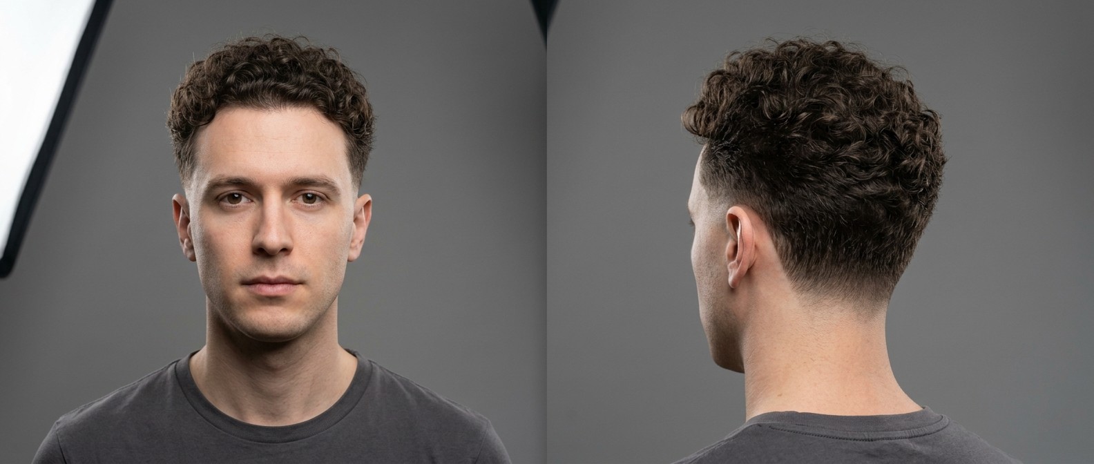 Widok z przodu i z boku młodego mężczyzny z ciemnobrązowymi kręconymi włosami typu 3, krótkim burst fade i wycieniowanym karkiem.