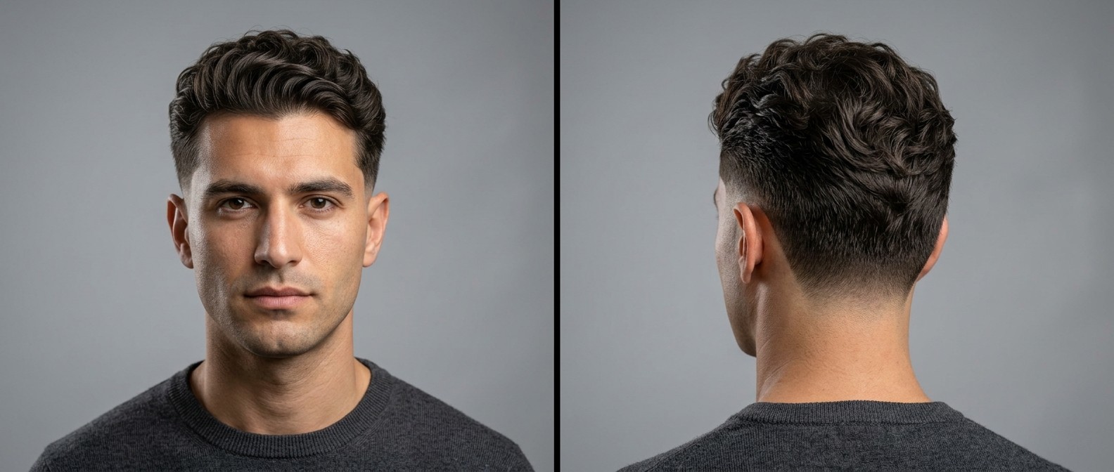 Vista frontal y trasera de un hombre de 30 años con cabello castaño ondulado, corte burst fade texturizado y peinado hacia atrás.