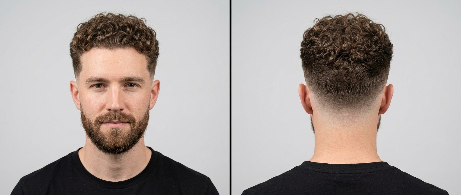 Front and back view of a Caucasian man with a curly burst fade, medium brown ringlets on top, and a well-groomed beard.