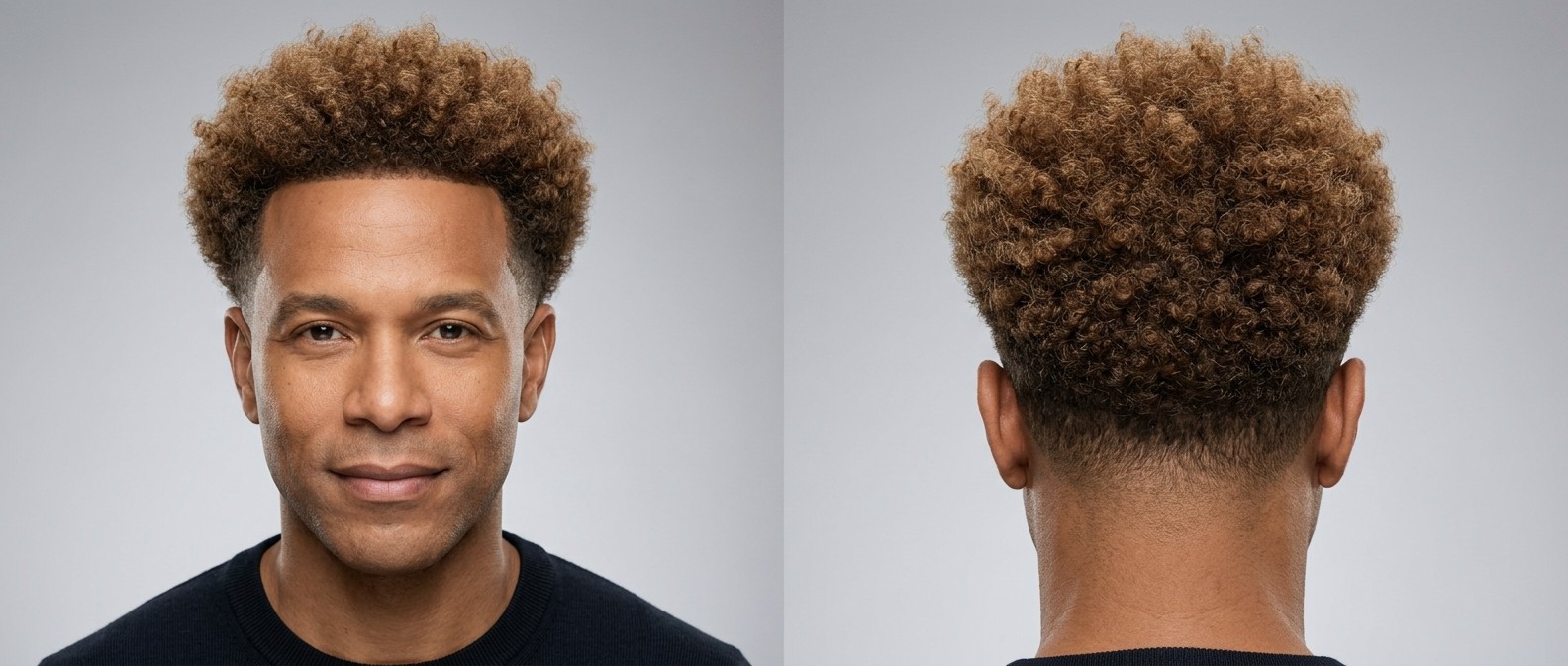 Mężczyzna z jasnobrązowym burst fade, zdefiniowanymi lokami typu 4 i precyzyjną linią czoła.