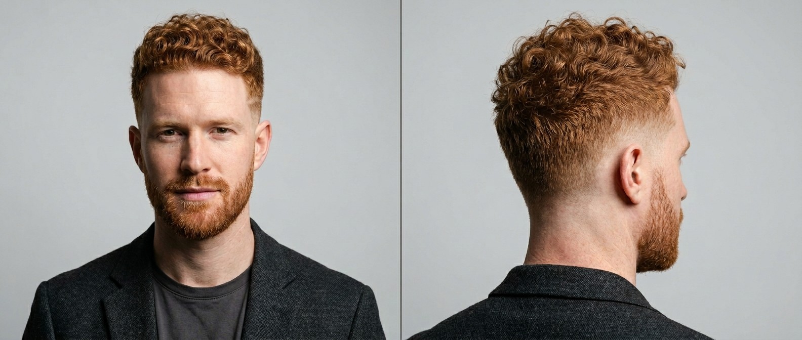 Vue de profil et de face d'un jeune homme aux cheveux bouclés roux et barbe courte, arborant un Burst Fade avec des boucles texturées sur le dessus.