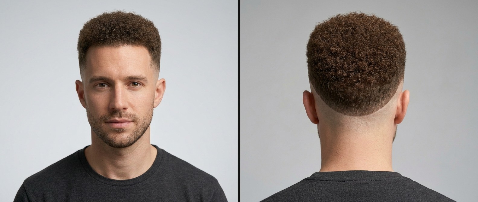 Jeune homme avec une coupe burst fade, boucles serrées de type 4 sur le dessus, ligne frontale nette et barbe légère.