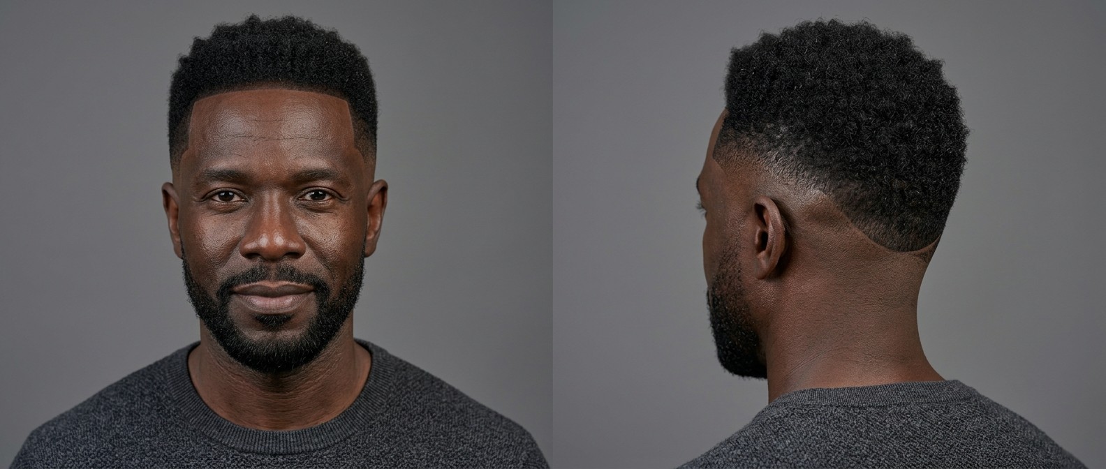 Mature Black man with a textured afro burst fade, crisp front line-up, and short beard, showcasing a sharp side profile and coiled hair.
