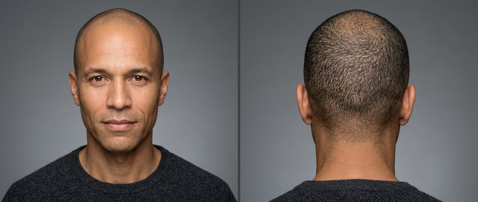 Front and back view of a mature man with a diamond face shape sporting an ultra-short, uniform buzz cut and a clean-shaven face.