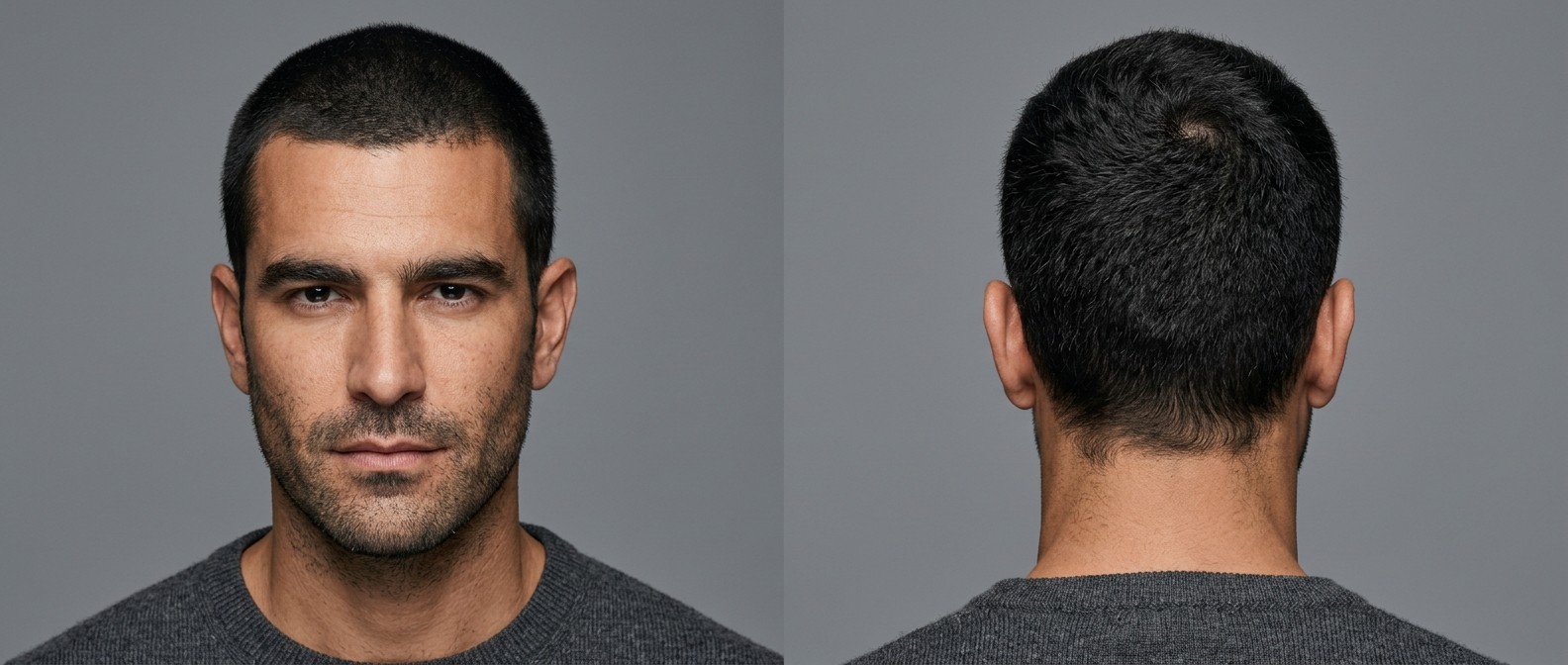 Vue de face et de dos d'un homme caucasien de 35-45 ans avec un buzz cut noir classique, une barbe de trois jours et une nuque naturelle.