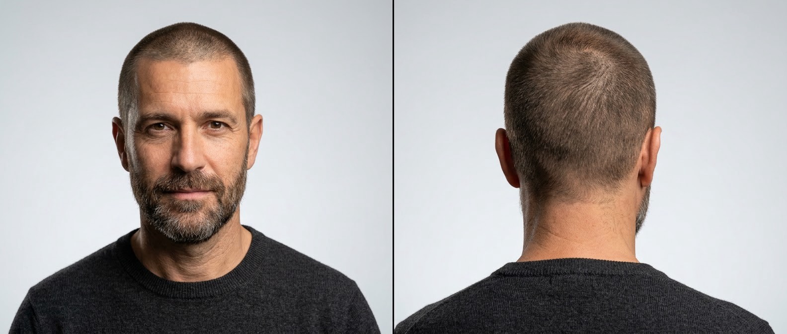Vue de face et de dos d'un homme mature au visage ovale portant un buzz cut classique, une ligne frontale naturelle et une barbe courte.