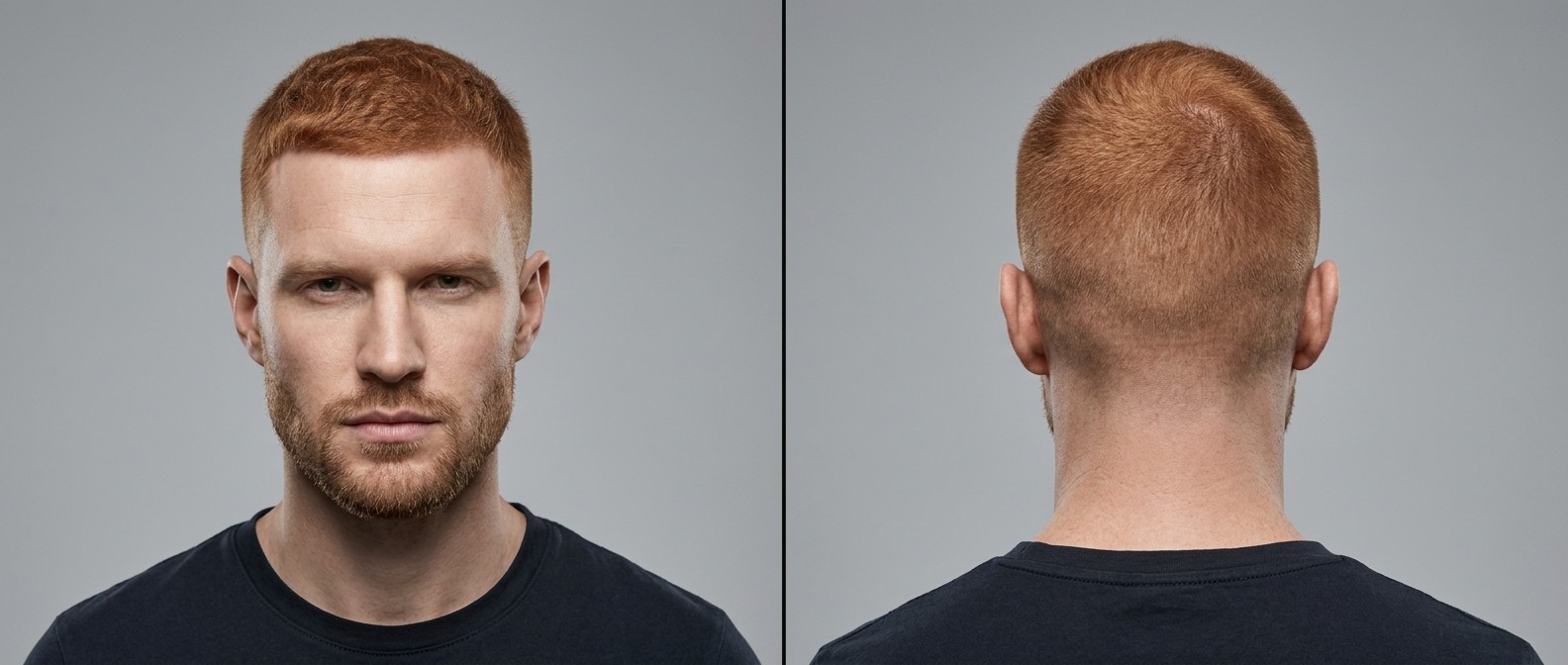 Mężczyzna z rudym buzz cutem, mid skin fade i krótką brodą, idealny dla kwadratowej twarzy i zakoli.