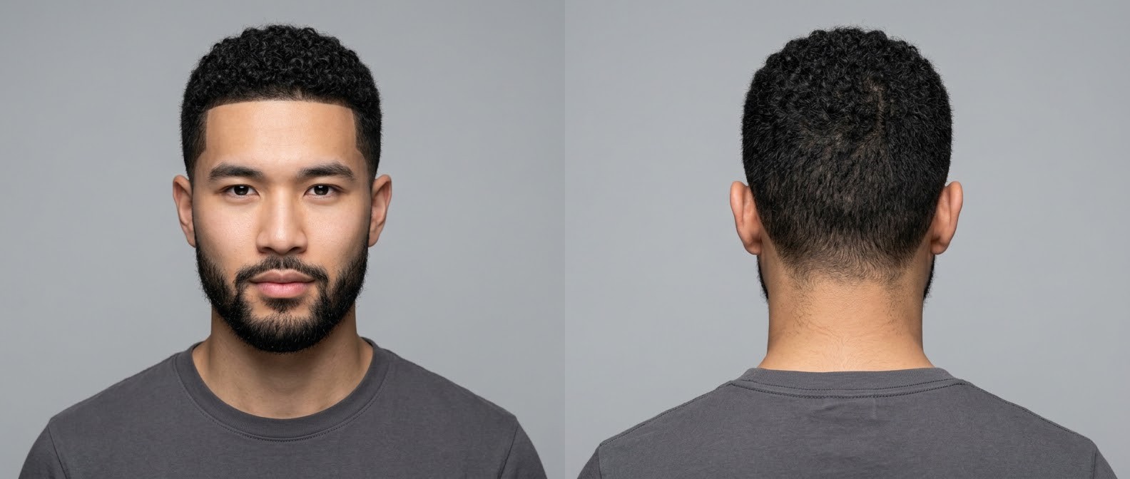 Vue avant et arrière d'un jeune homme asiatique avec un buzz cut bouclé, contours nets et taper fondu avec barbe connectée.